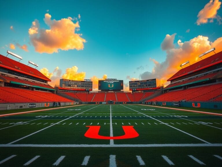 Flick International A vibrant football field at sunset with Miami Hurricanes logo