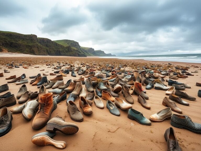 Flick International Hundreds of old-fashioned shoes washed up on Ogmore Beach, Wales