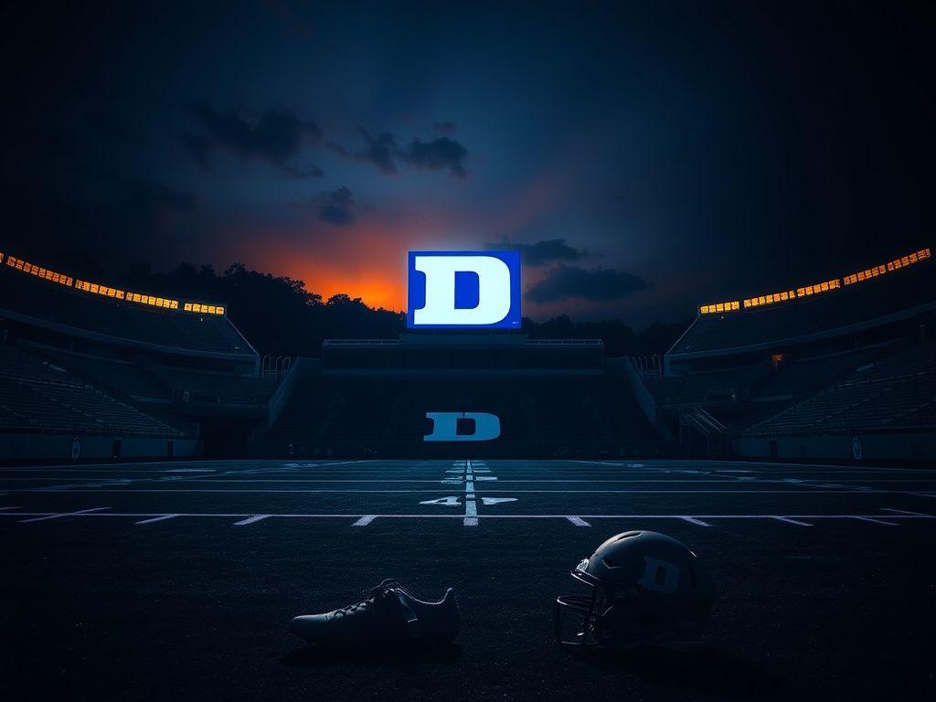 Flick International Darkened university football field with Duke Blue Devils logo, cleats and helmet highlighting recent player departure.