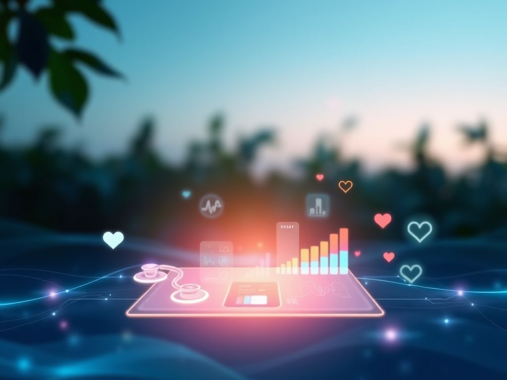 Flick International Glowing translucent interface showcasing interconnected health icons and data visualizations in a serene digital landscape