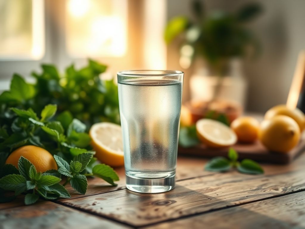 Flick International A pristine glass of water surrounded by fresh fruits and herbs on a rustic wooden table