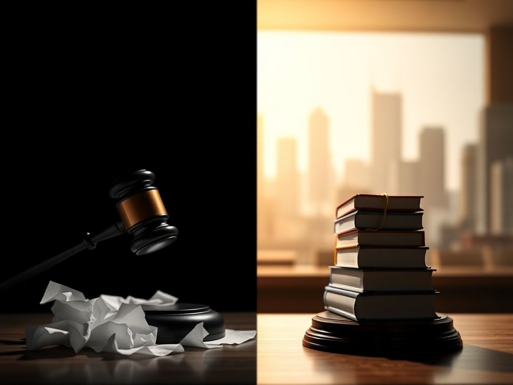 Flick International Split image contrasting courtroom scenes highlighting pressure and justice