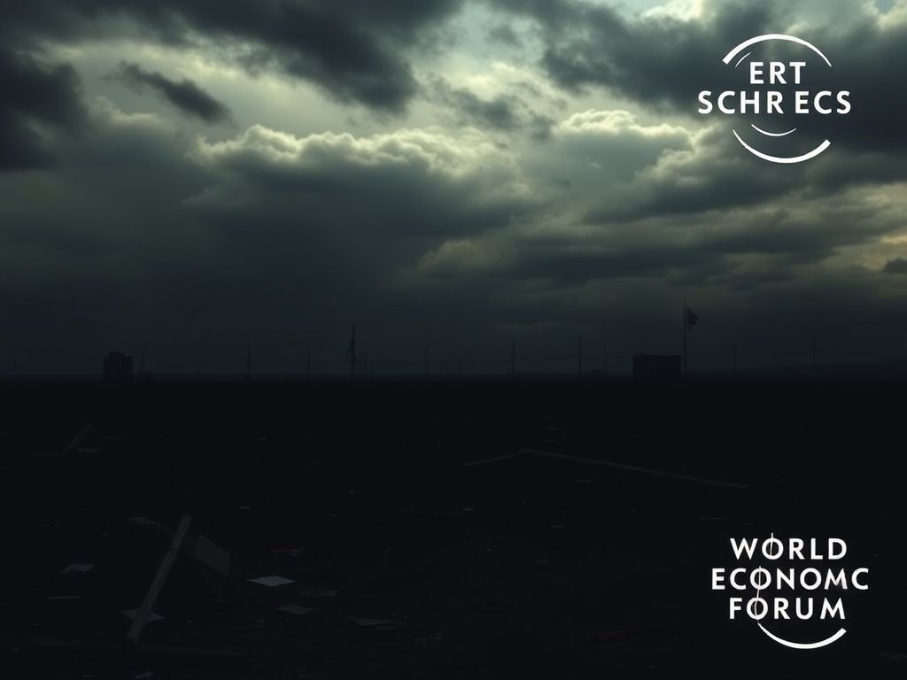 Flick International Darkened landscape representing Iran with shadowy silhouettes of protest signs and remnants of chaos