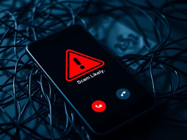 Flick International Close-up of a smartphone displaying a scam alert with a red warning symbol over tangled telecommunication wires