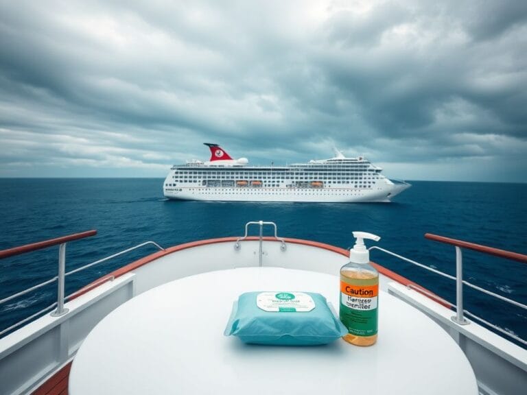Flick International A tranquil cruise ship on the open sea with visible lifeboats and hygiene supplies