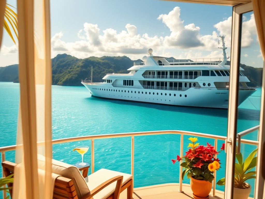 Flick International Luxury cruise ship anchored in turquoise waters with a tropical backdrop