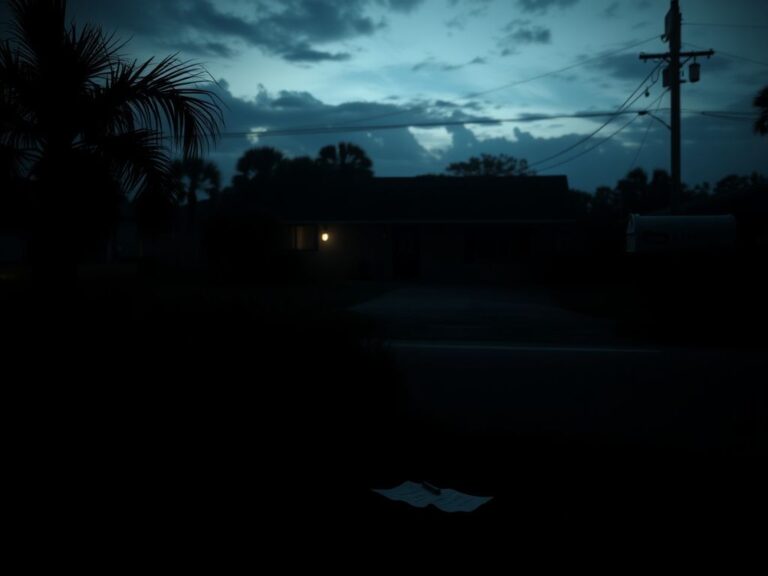 Flick International Dramatic scene of an empty Florida neighborhood at dusk, highlighting an overgrown garden and a modest house with closed blinds.