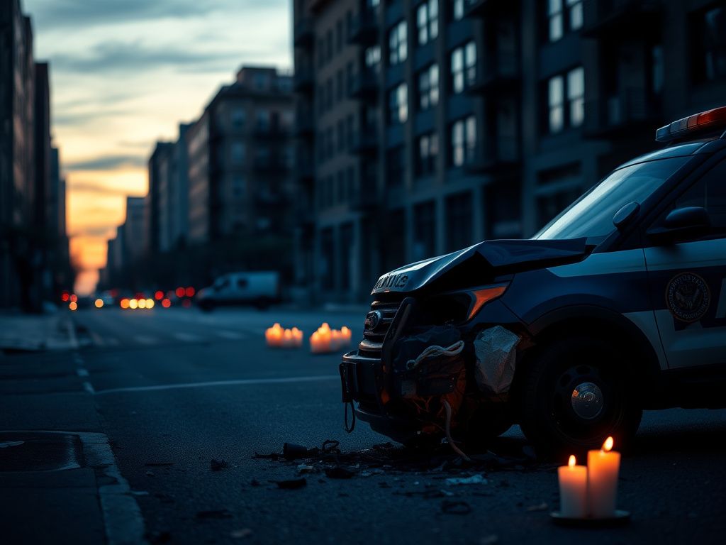 Flick International Empty urban street at dusk with unmarked police vehicle and damaged car after incident