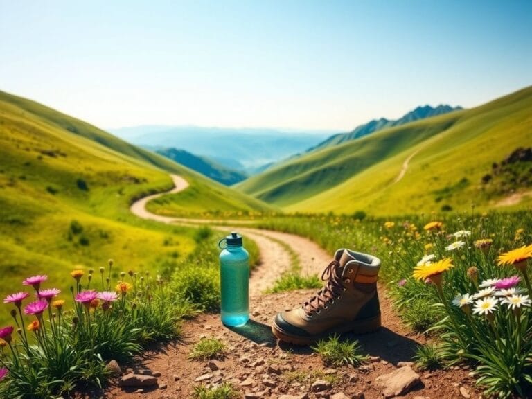 Flick International A serene landscape with a winding hiking trail, vibrant wildflowers, and hiking boots symbolizing health and fitness.