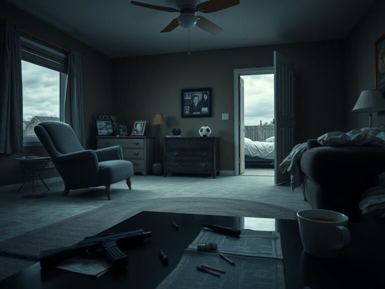 Flick International Dimly lit interior of a suburban home featuring a chaotic den with a fallen chair and a shadowy gun on the floor