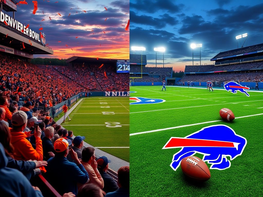 Flick International A nostalgic split-image showcasing a vintage Super Bowl game with fans in Denver Broncos gear alongside a modern Buffalo Bills football field.