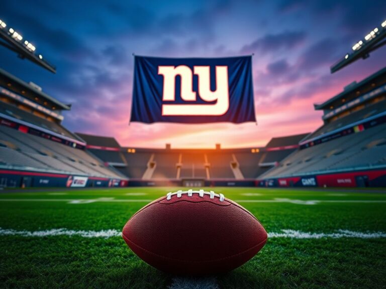 Flick International Dramatic football stadium scene at dusk featuring the New York Giants logo on a massive banner.
