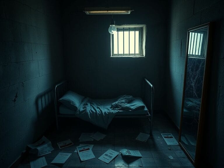Flick International Foreboding prison cell with a rusty metal bed and dim lighting