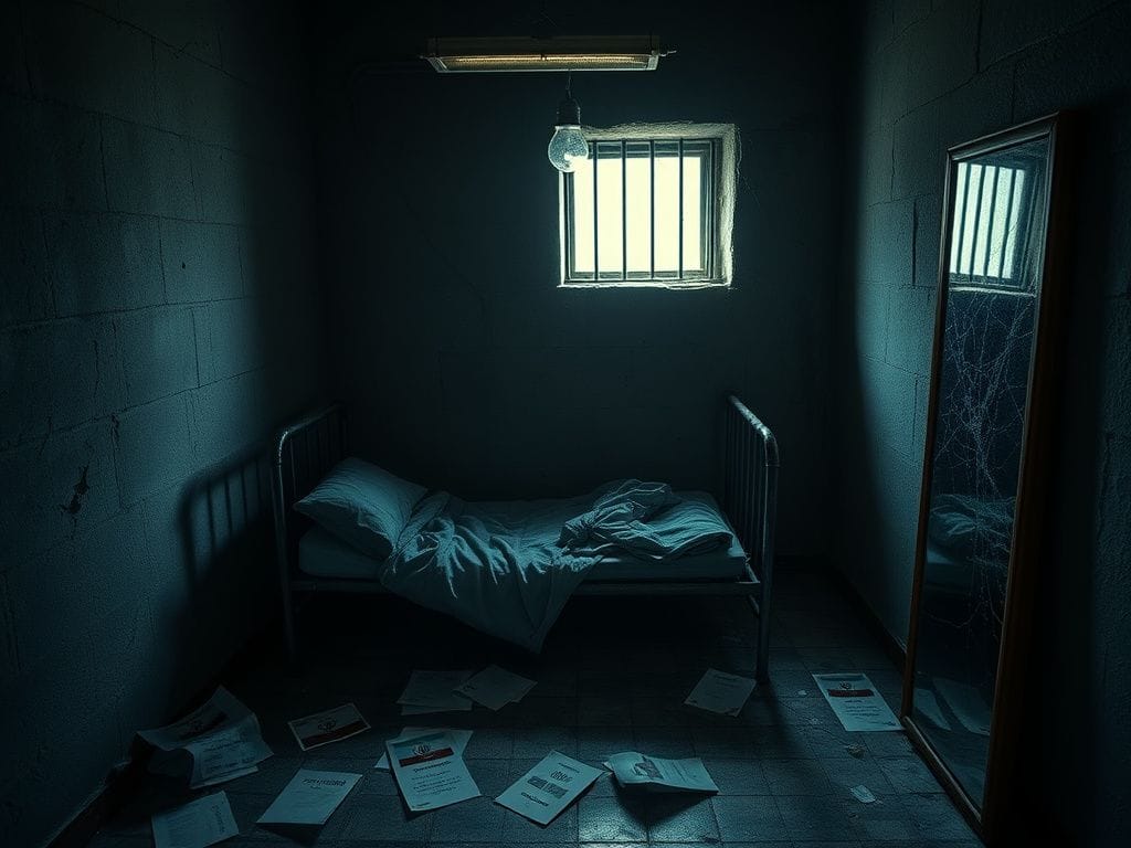 Flick International Foreboding prison cell with a rusty metal bed and dim lighting