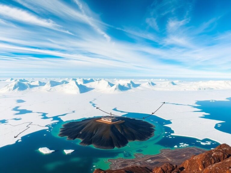 Flick International A panoramic view of Greenland's melting ice sheet and military base with radar installations.