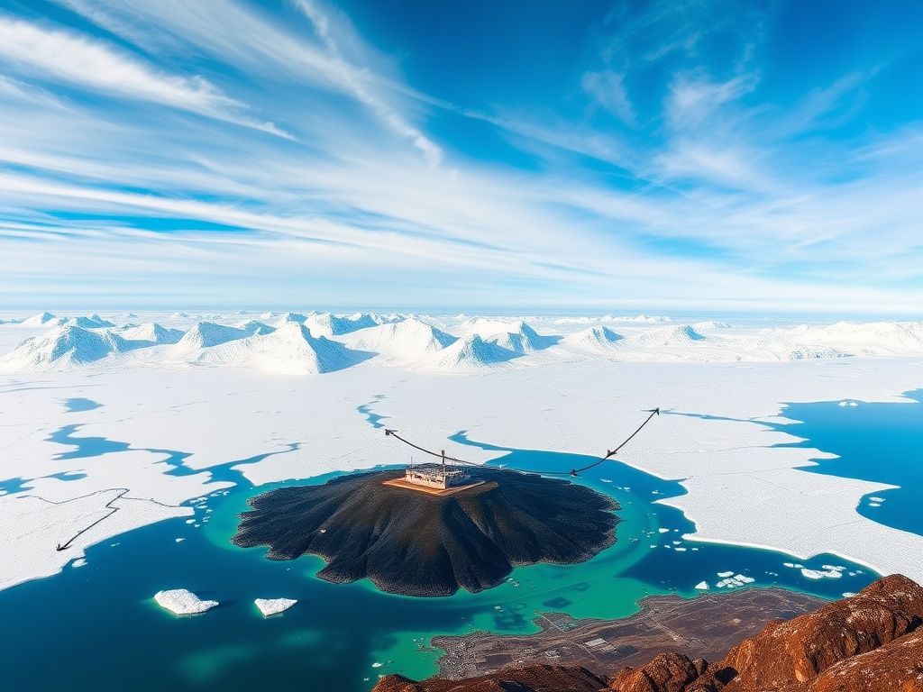 Flick International A panoramic view of Greenland's melting ice sheet and military base with radar installations.