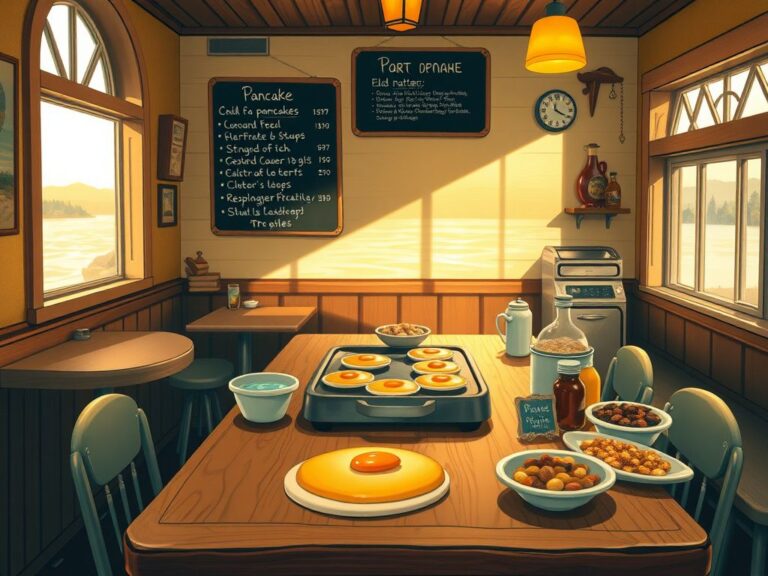 Flick International Cozy pancake house interior with make-your-own pancake griddle and colorful batter options