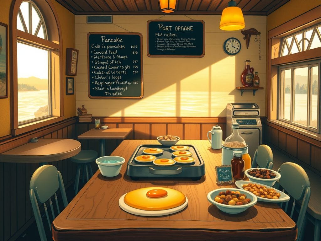 Flick International Cozy pancake house interior with make-your-own pancake griddle and colorful batter options