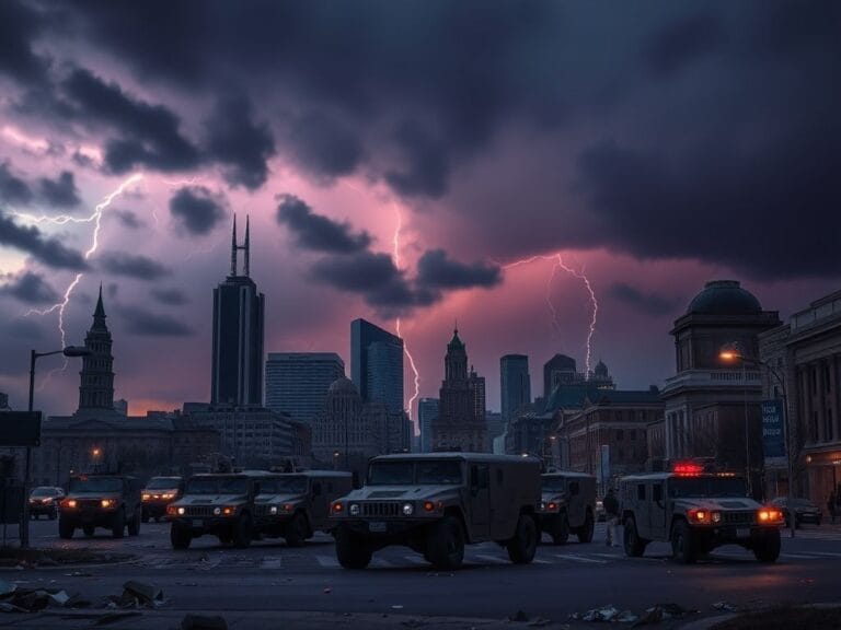 Flick International Dramatic view of Minnesota cityscape at dusk with military presence