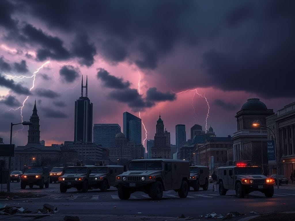 Flick International Dramatic view of Minnesota cityscape at dusk with military presence