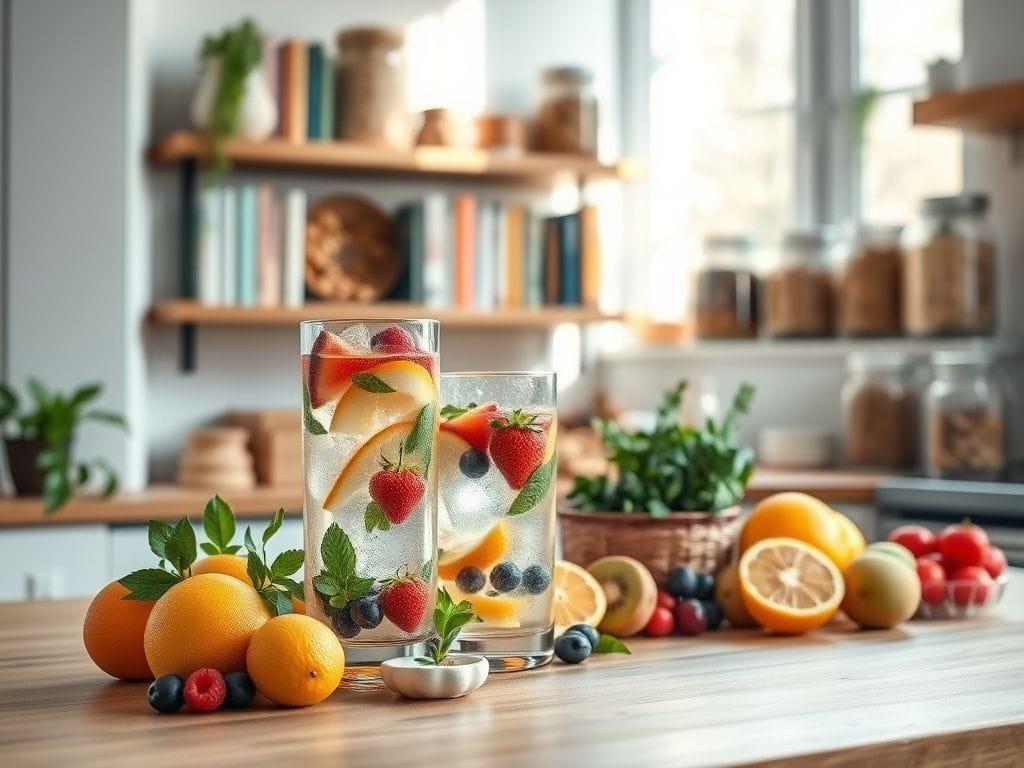 Flick International Refreshing water infused with fruits and herbs on a wooden countertop surrounded by vibrant healthy foods