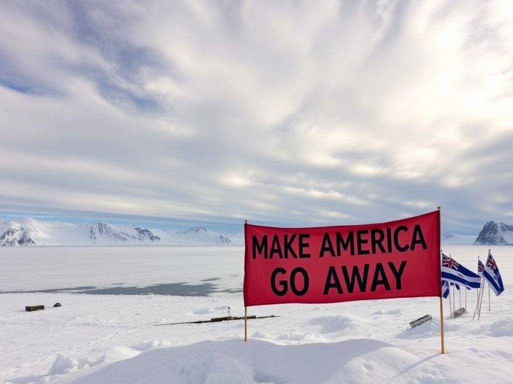 Flick International Protesters in Greenland display a 'Make America Go Away' banner against a backdrop of snow-capped mountains and glaciers