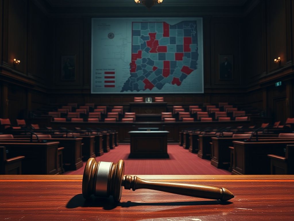 Flick International Empty Indiana Statehouse chamber with a large gavel symbolizing halted legislative actions