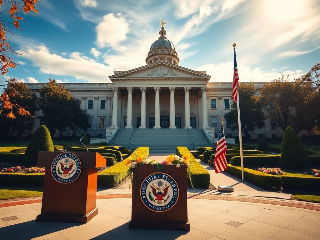 Flick International Historic scene of the Virginia State Capitol with empty podium and American flag
