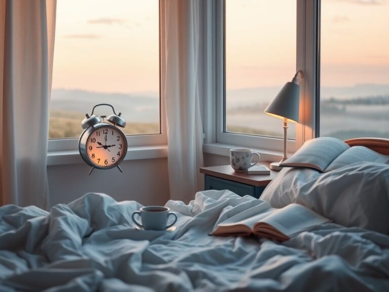 Flick International Serene bedroom scene at dawn with alarm clock reading 6:00 a.m.