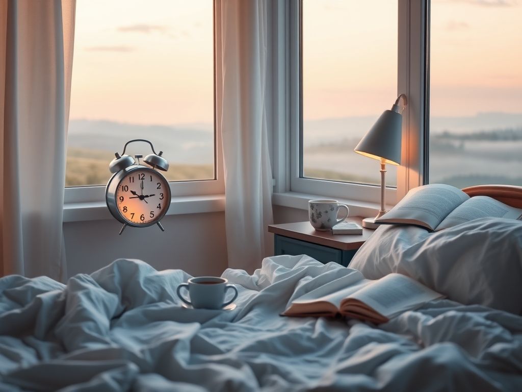 Flick International Serene bedroom scene at dawn with alarm clock reading 6:00 a.m.
