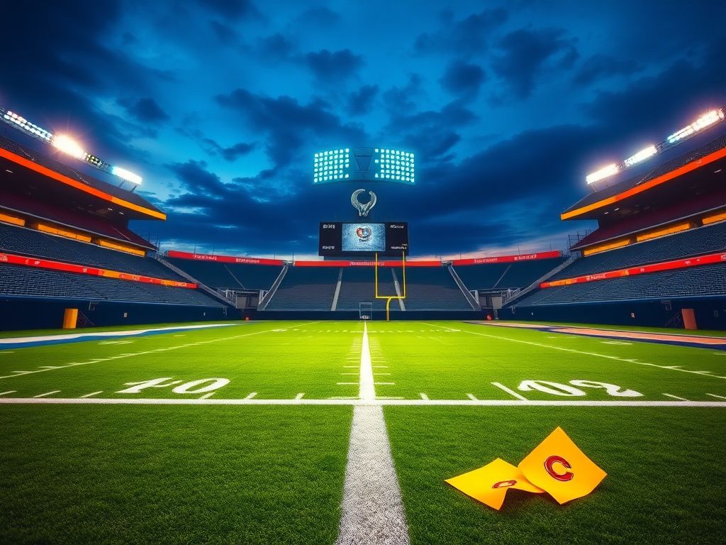 Flick International A vibrant scene of an empty football stadium set for a Rams-Bears playoff game under bright lights