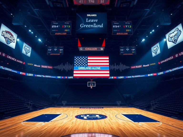 Flick International Dramatic scene of a basketball court illuminated, featuring an American flag and a message against a backdrop of NBA branding.