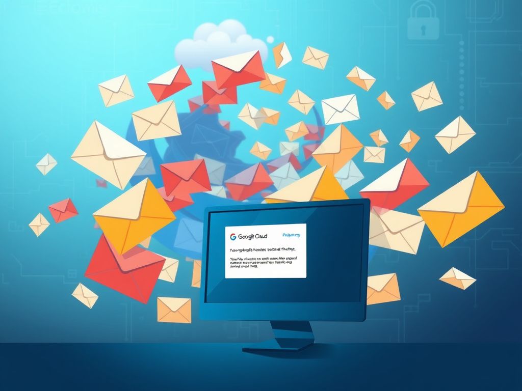 Flick International A digital illustration of swirling envelopes representing phishing emails intertwined with Google Cloud symbols