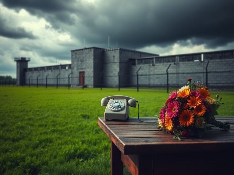 Flick International A serene landscape symbolizing freedom with a vibrant green area and a grey prison structure in the background