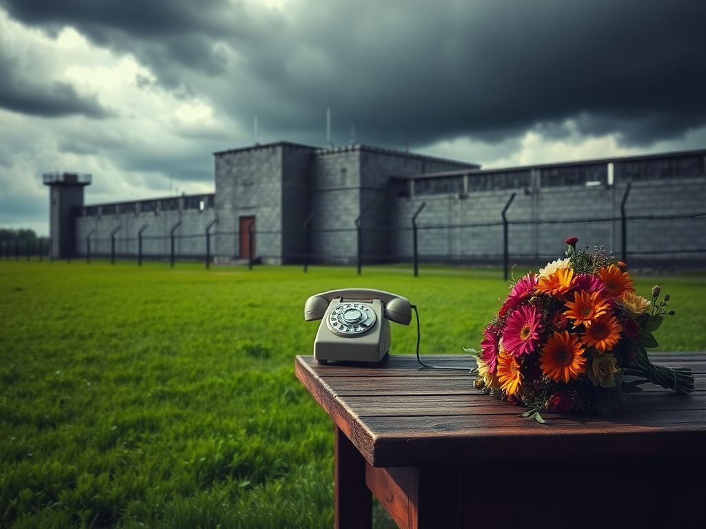 Flick International A serene landscape symbolizing freedom with a vibrant green area and a grey prison structure in the background