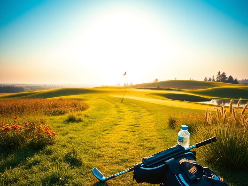 Flick International Serene sunrise over a golf course with rolling green hills and a fairway