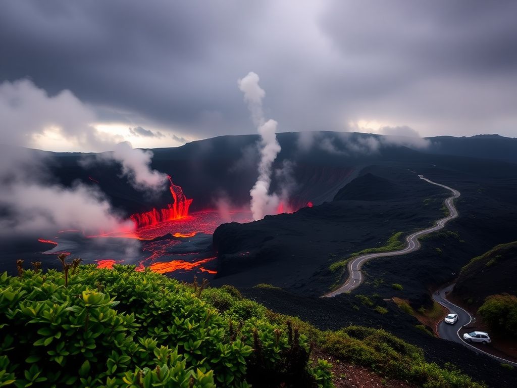 Flick International Eruption of Kilauea volcano with lava flows and smoky sky