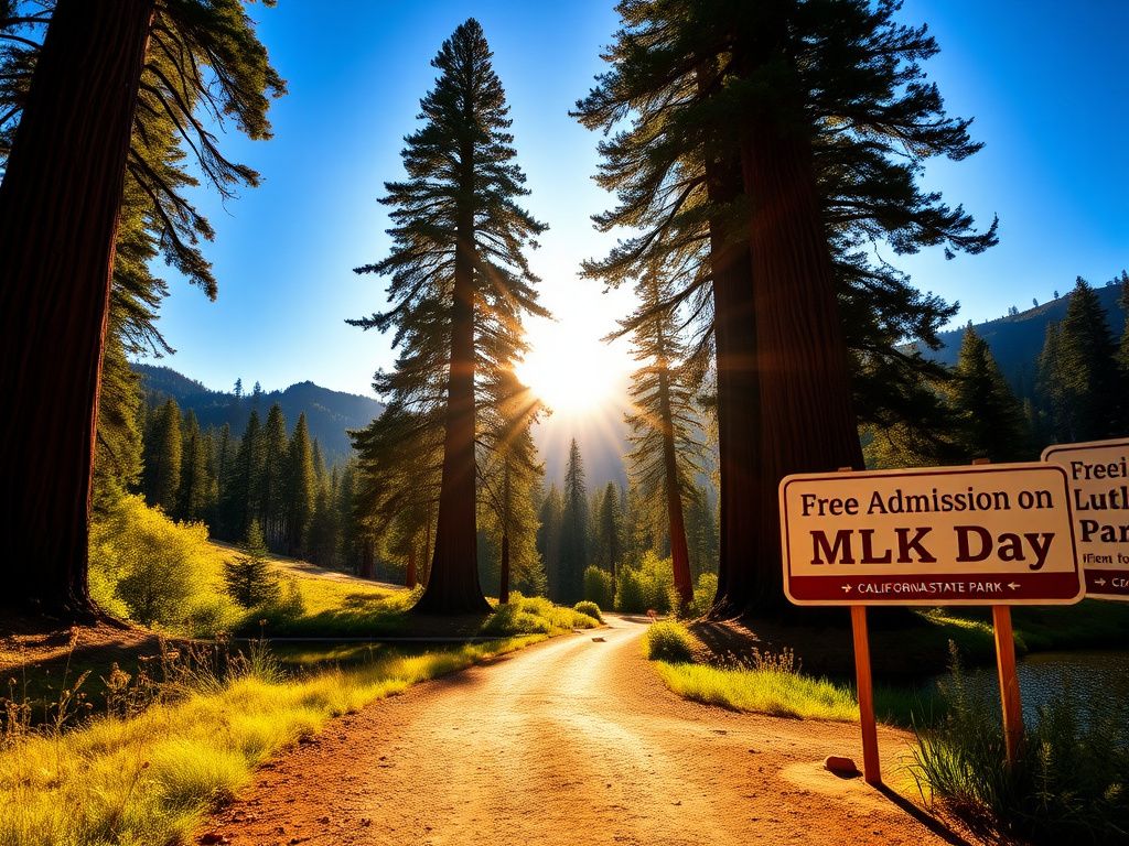 Flick International Vibrant landscape of California's state parks featuring towering redwoods and a serene lake.