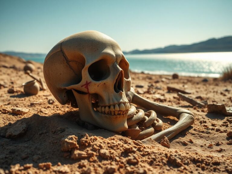 Flick International archaeological scene featuring a 6,000-year-old skeleton with healed lion attack wounds in eastern Bulgaria