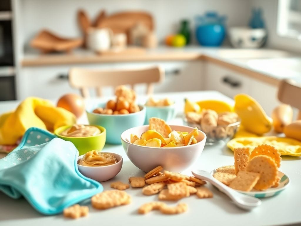 Flick International A vibrant scene of healthy baby foods including peanuts and eggs in a sunlit kitchen.