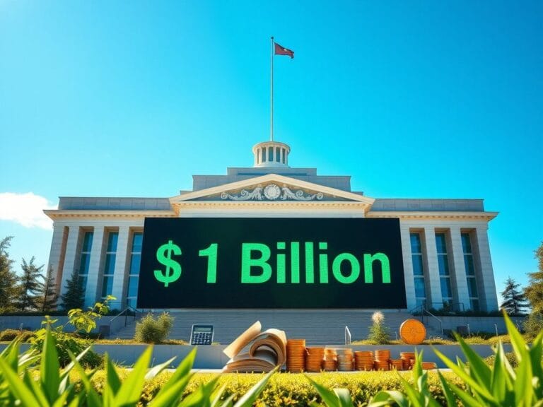 Flick International A modern state government building symbolizing efficiency and progress, with a digital board displaying '$1 Billion' in savings
