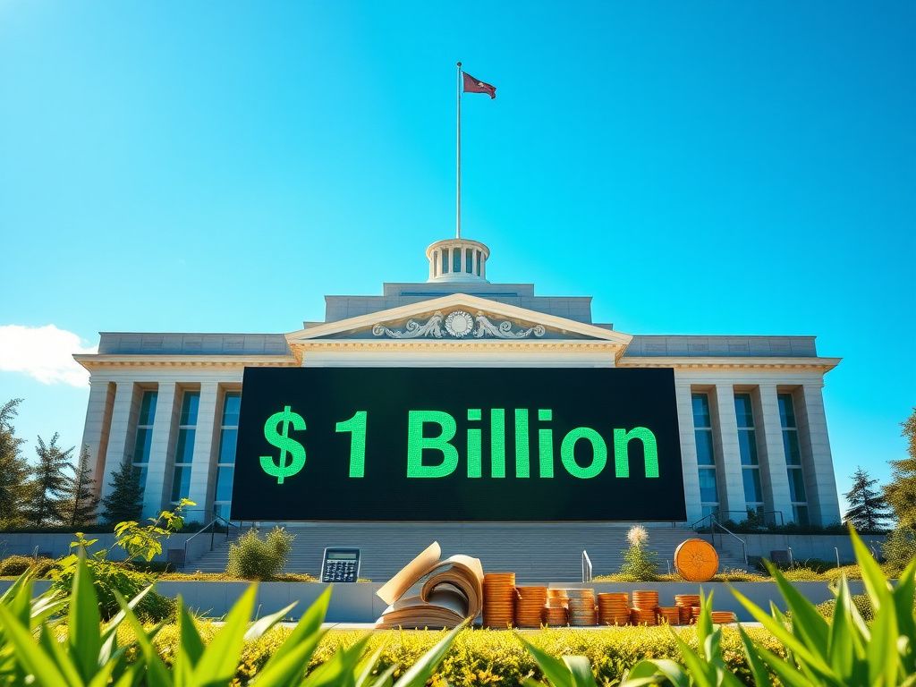 Flick International A modern state government building symbolizing efficiency and progress, with a digital board displaying '$1 Billion' in savings