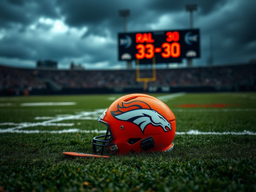 Flick International Close-up of a football field with yard markers and a blurred scoreboard after the Broncos playoff victory