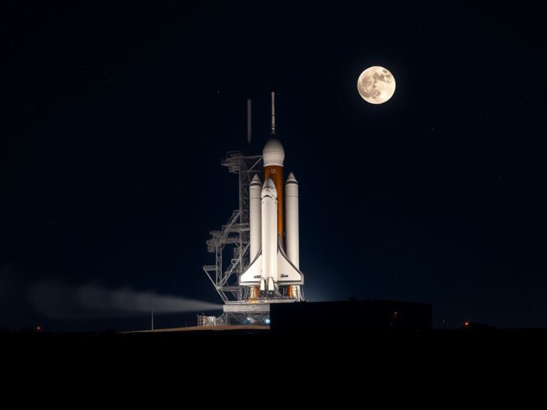 Flick International NASA's Space Launch System rocket on Launch Pad 39B at night with the Moon rising in the background
