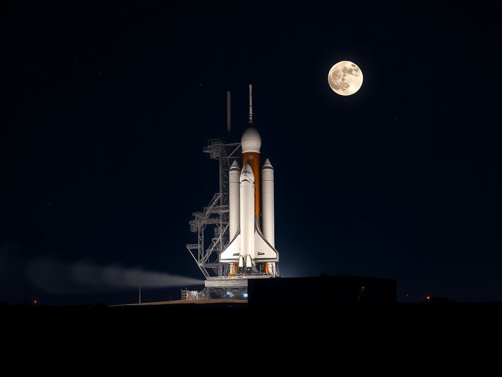Flick International NASA's Space Launch System rocket on Launch Pad 39B at night with the Moon rising in the background