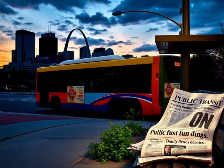 Flick International A vibrant city bus at an urban bus stop highlighting the contrast of neglect and the need for public transit funding.