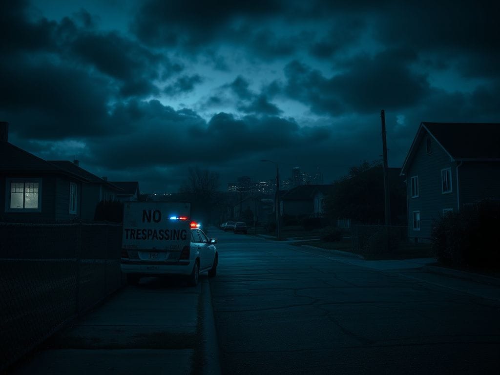 Flick International Dark suburban street in Minneapolis with police car lights at dusk