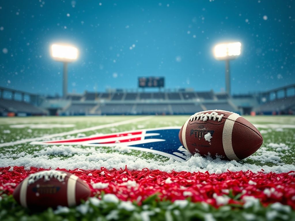 Flick International A partially snow-covered Patriots logo on a football field under a winter sky