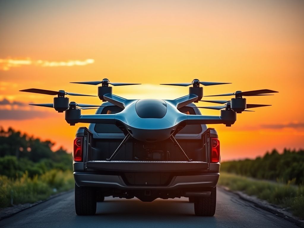 Flick International Rictor X4 electric aircraft parked in a pickup truck showcasing its compact design