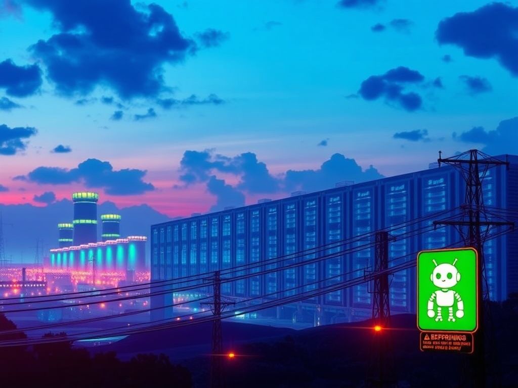 Flick International A futuristic data center complex with illuminated cooling towers and servers under a twilight sky.